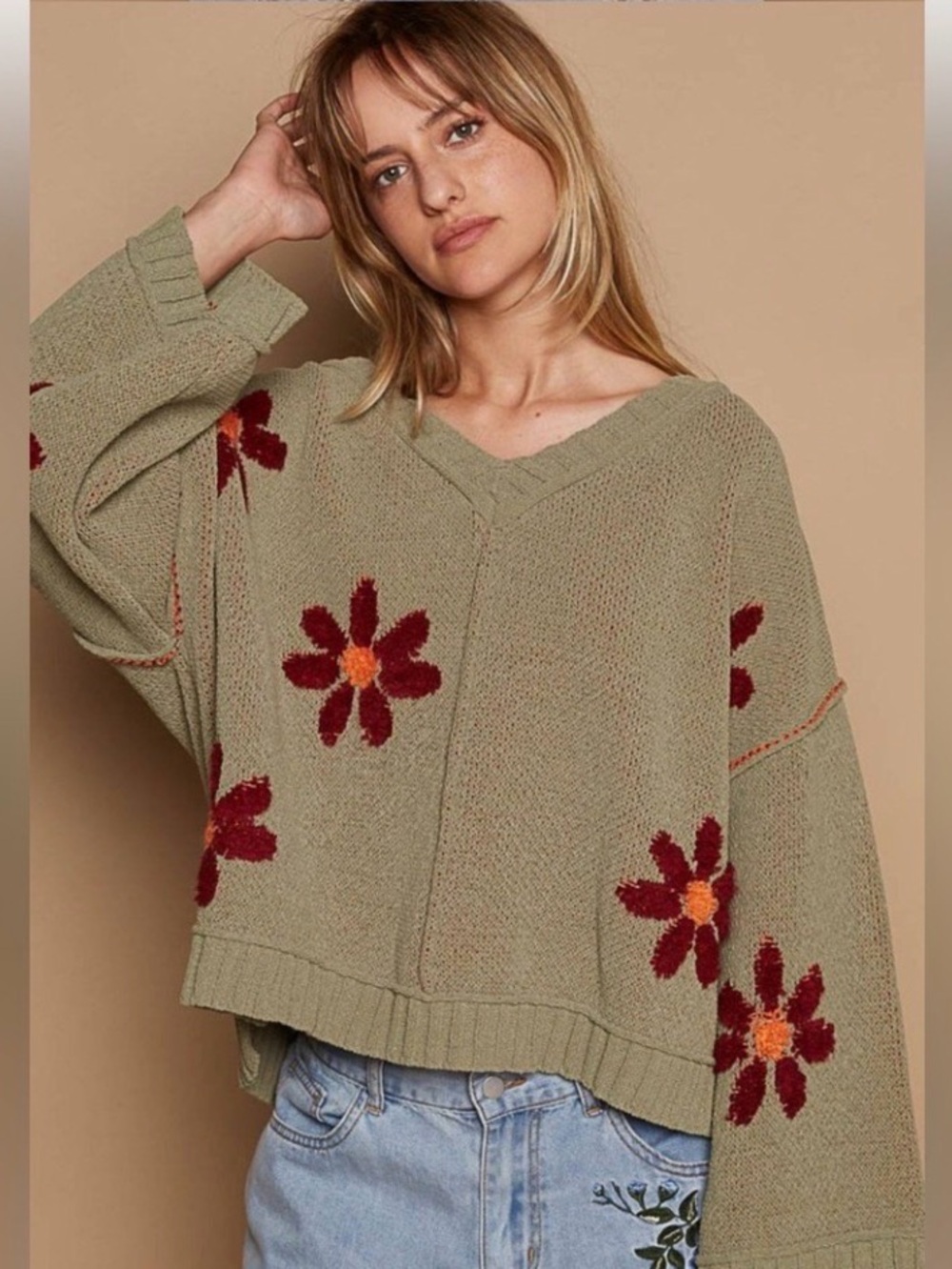 POL Olive Green Floral Chenille
Knit Sweater L
